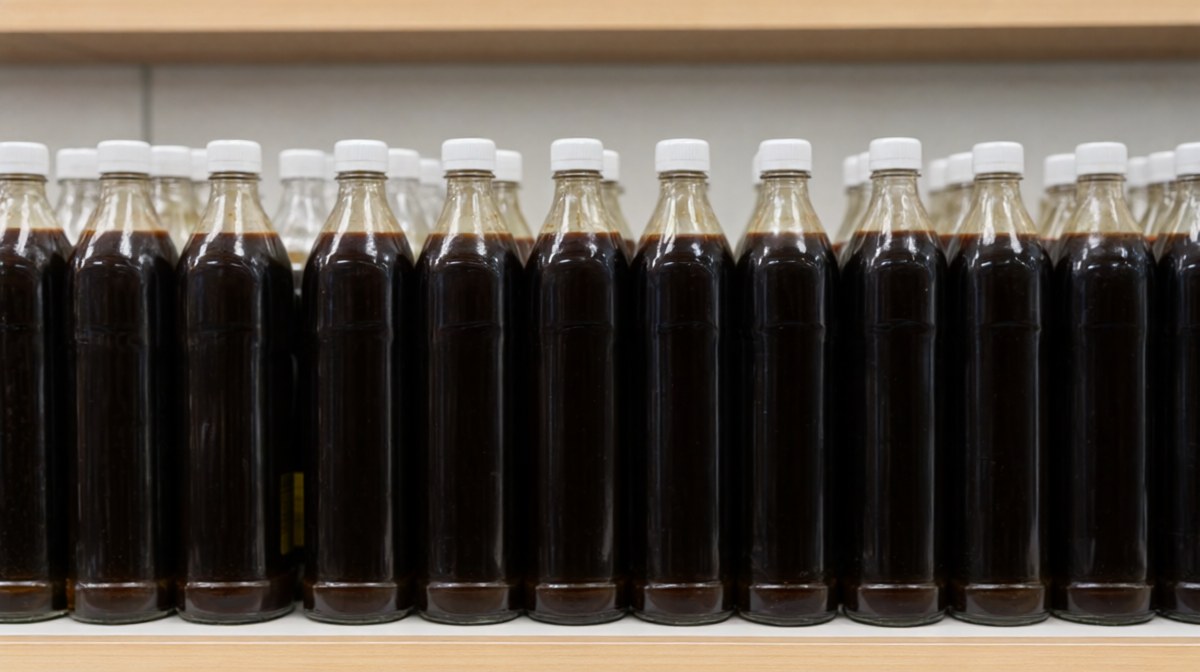A supermarket shelf lined with rows of dark sauce bottles of different heights, labels not readable