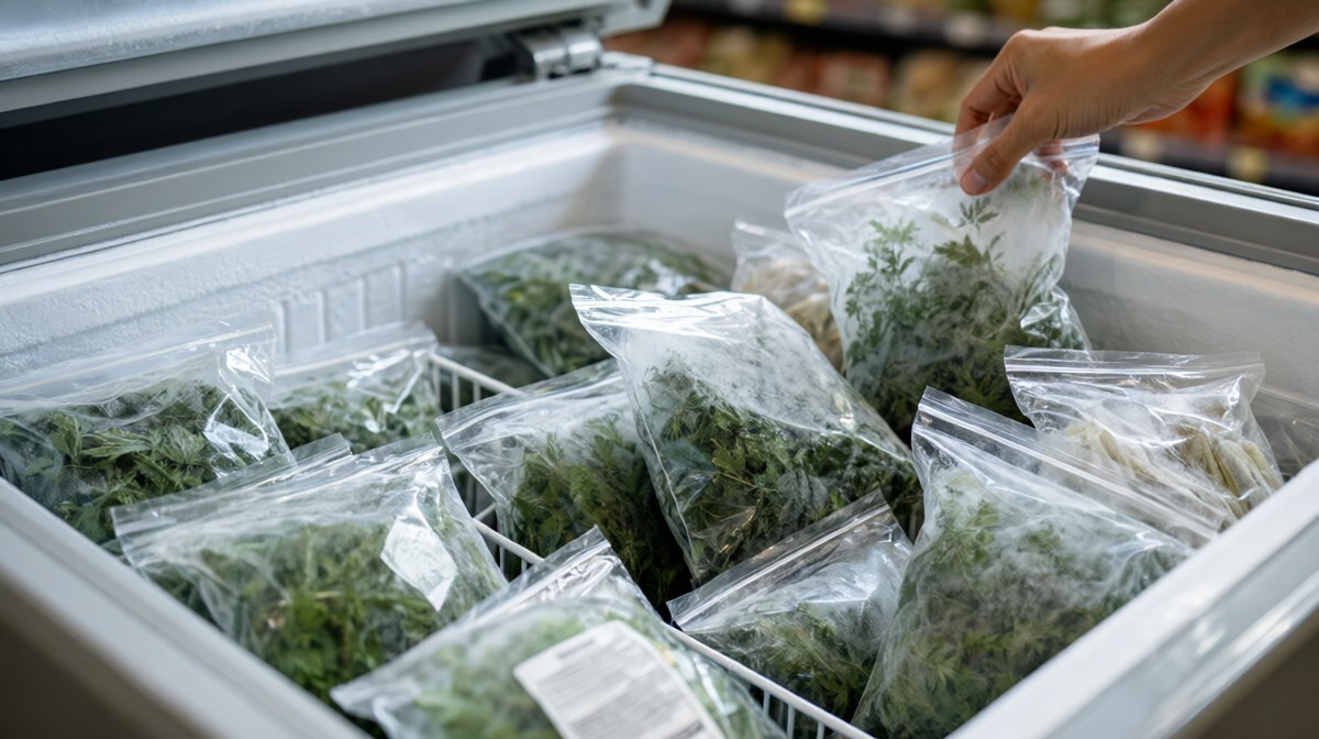 An open chest freezer filled with clear bags of frozen green herbs, a hand reaching in