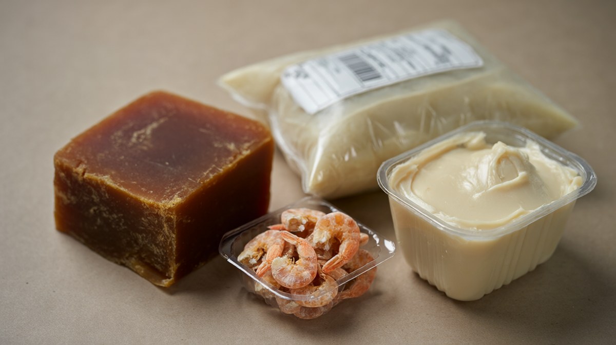 A selection of less obvious grocery items, palm sugar, dried shrimp, thick cream and dried kaffir peel