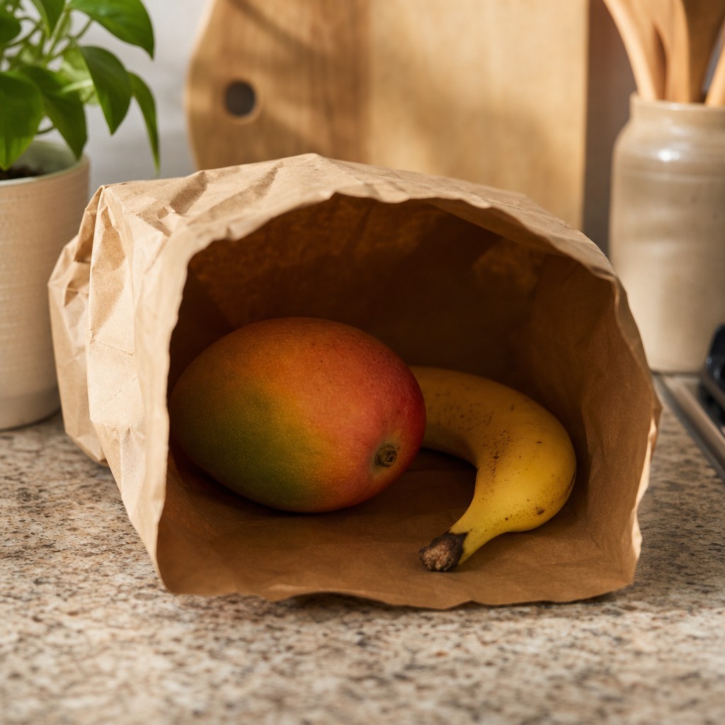 A mango and a ripe banana inside an open brown paper bag on a kitchen counter to ripen