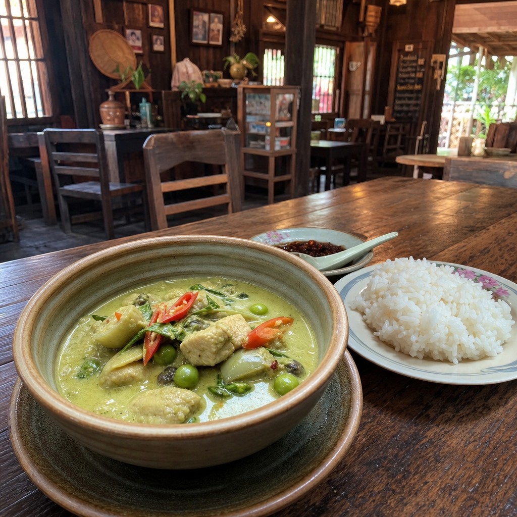 Authentic green curry served in an old country restaurant in northern Thailand with rustic atmosphere