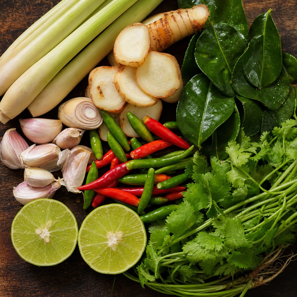 Fresh tom yum aromatics — lemongrass, sliced galangal, garlic, bird's-eye chillies, kaffir lime leaves, limes and coriander on a wooden board