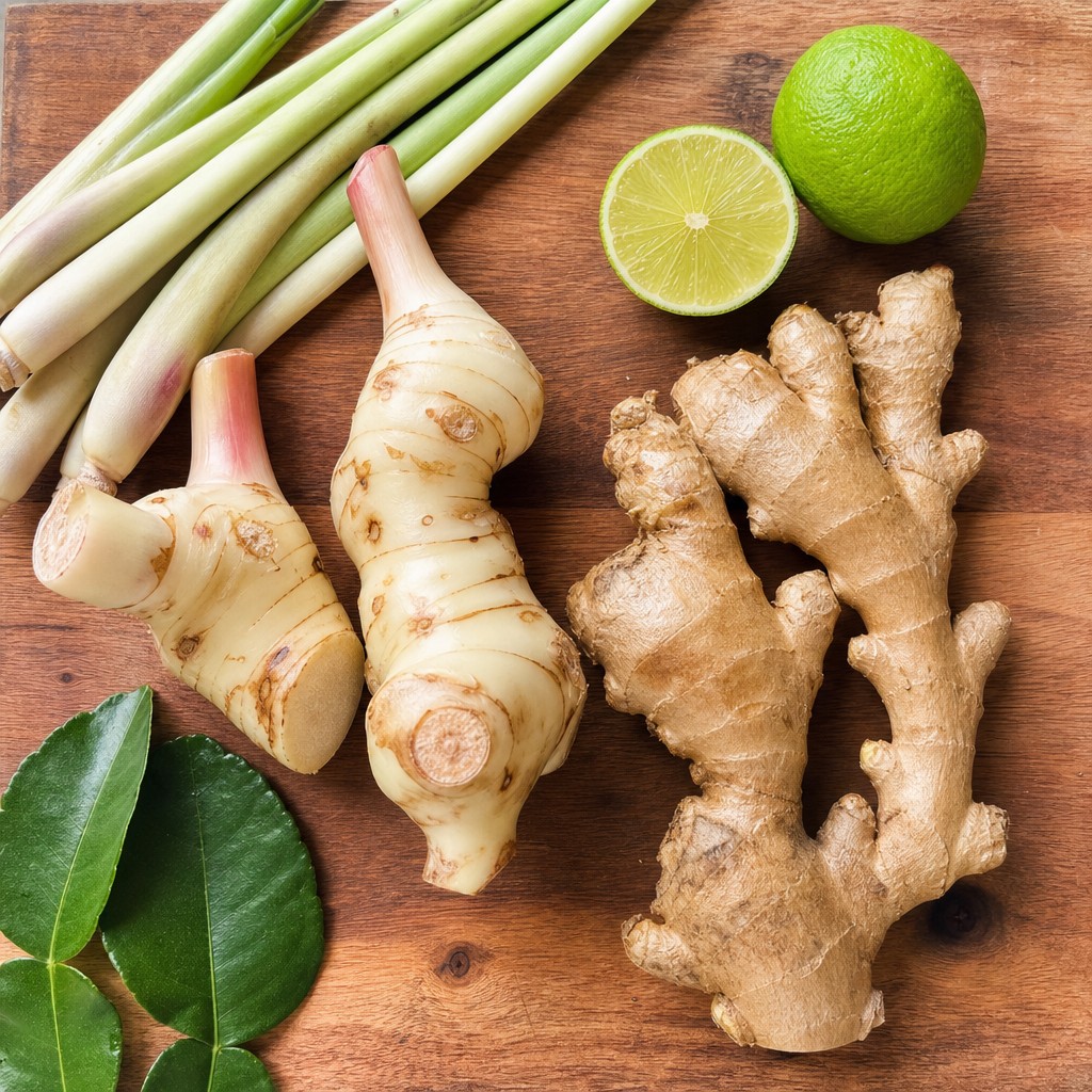 Fresh galangal and ginger root side by side with lemongrass, lime and kaffir lime leaves