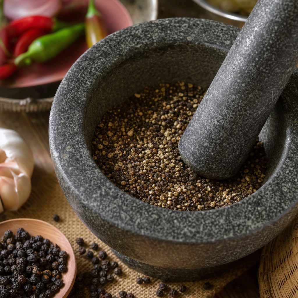 Whole black peppercorns being crushed in a granite pestle and mortar for pad prik thai dum