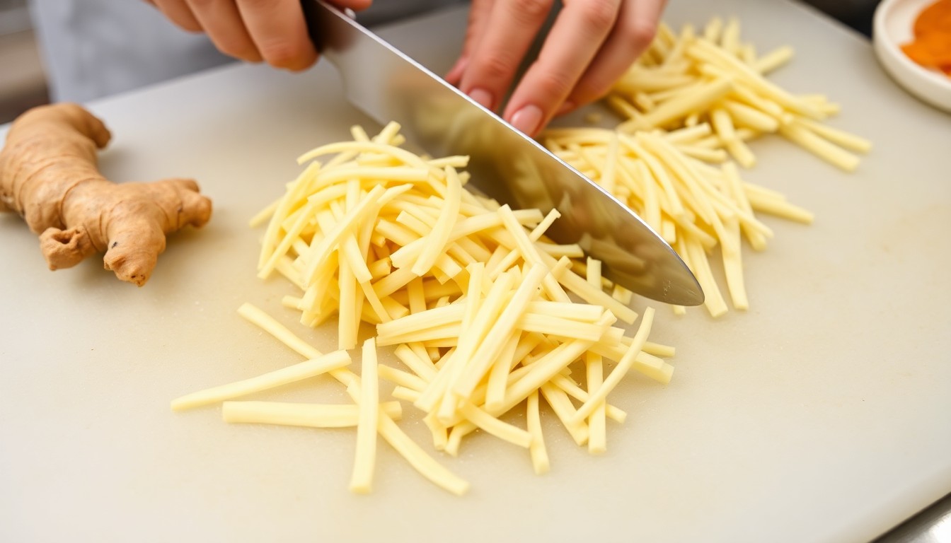 Fresh ginger being julienned into thin matchsticks on a cutting board with a sharp knife