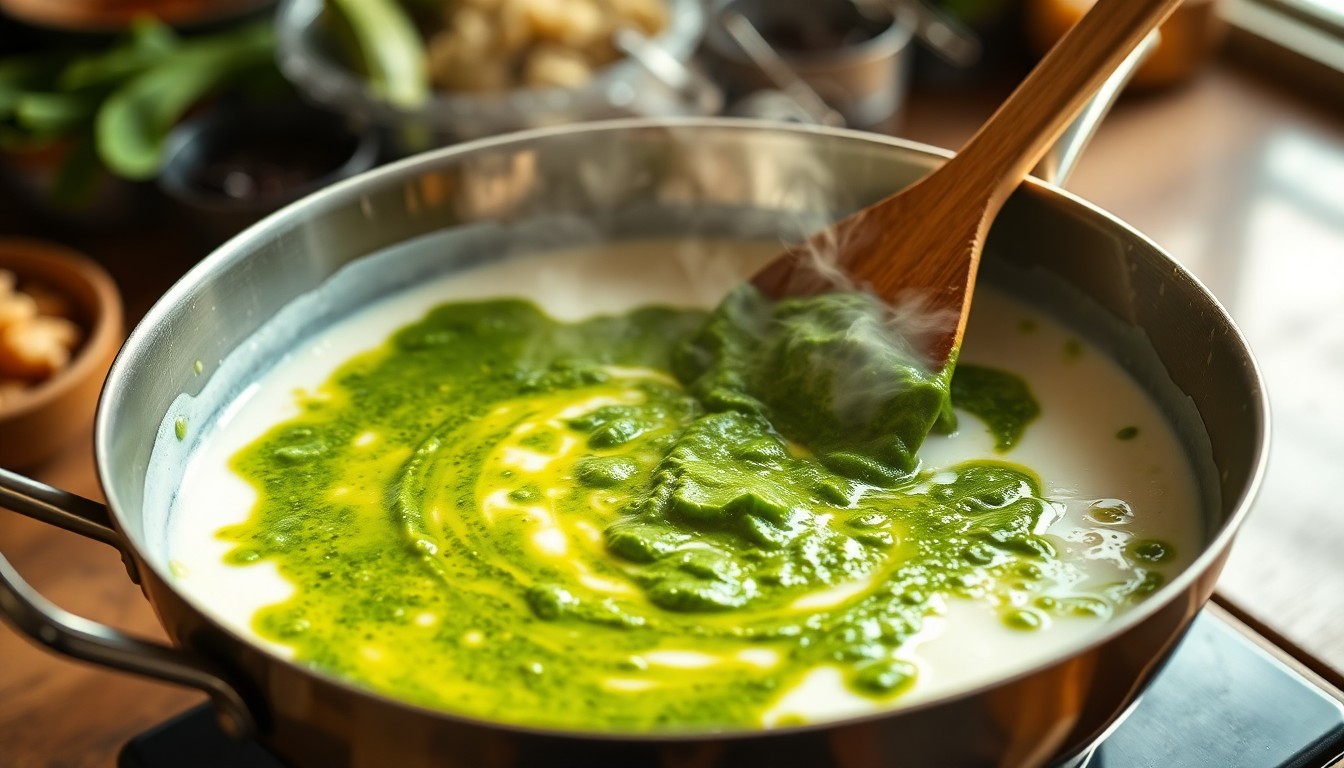 Green curry paste frying in cracked coconut cream in a wok