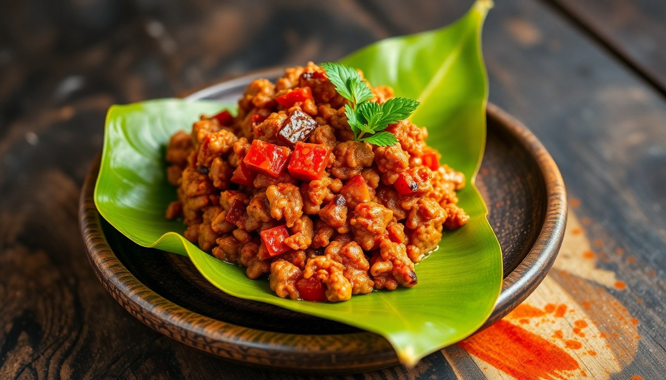 Khua Kling - fiery dry curry with minced meat, served on banana leaf