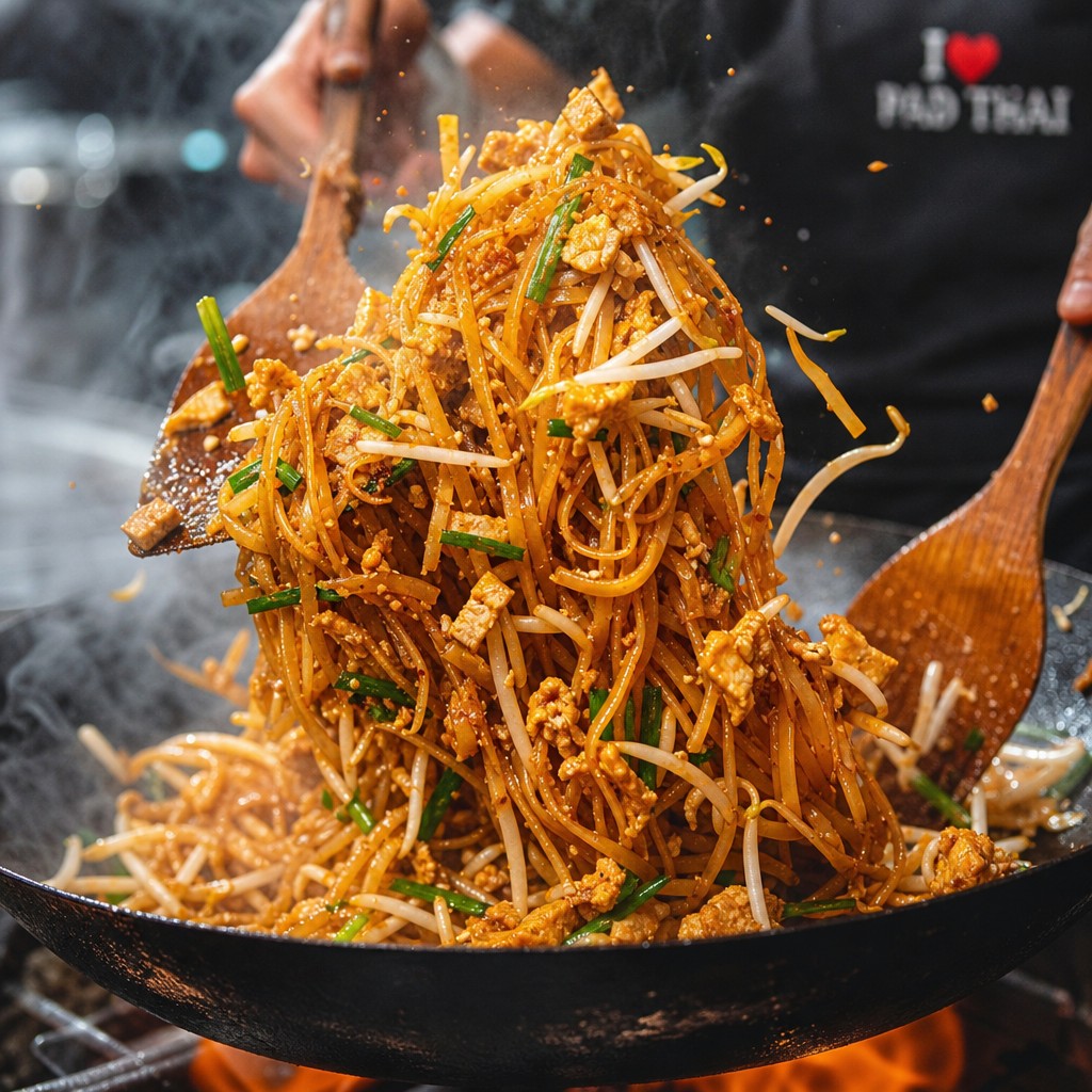 Pad thai noodles being tossed in a hot wok with two wooden spatulas, glossy separated strands and steam