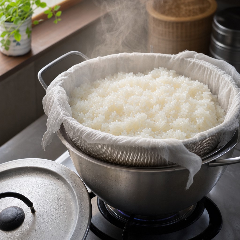 Soaked glutinous rice steaming in a cloth-lined metal sieve set over a pot of simmering water
