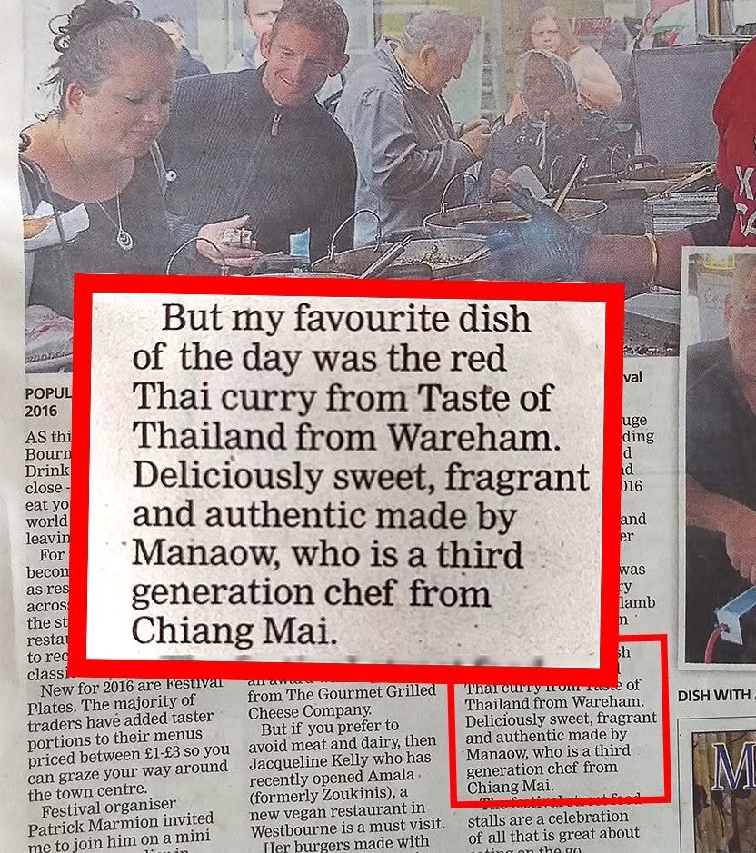 Newspaper cutting — Manaow Prasatthong wins Best Dish at Bournemouth Food Festival
