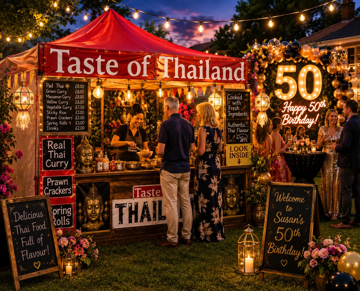 Taste of Thailand catering stall at a 50th birthday party in Dorset