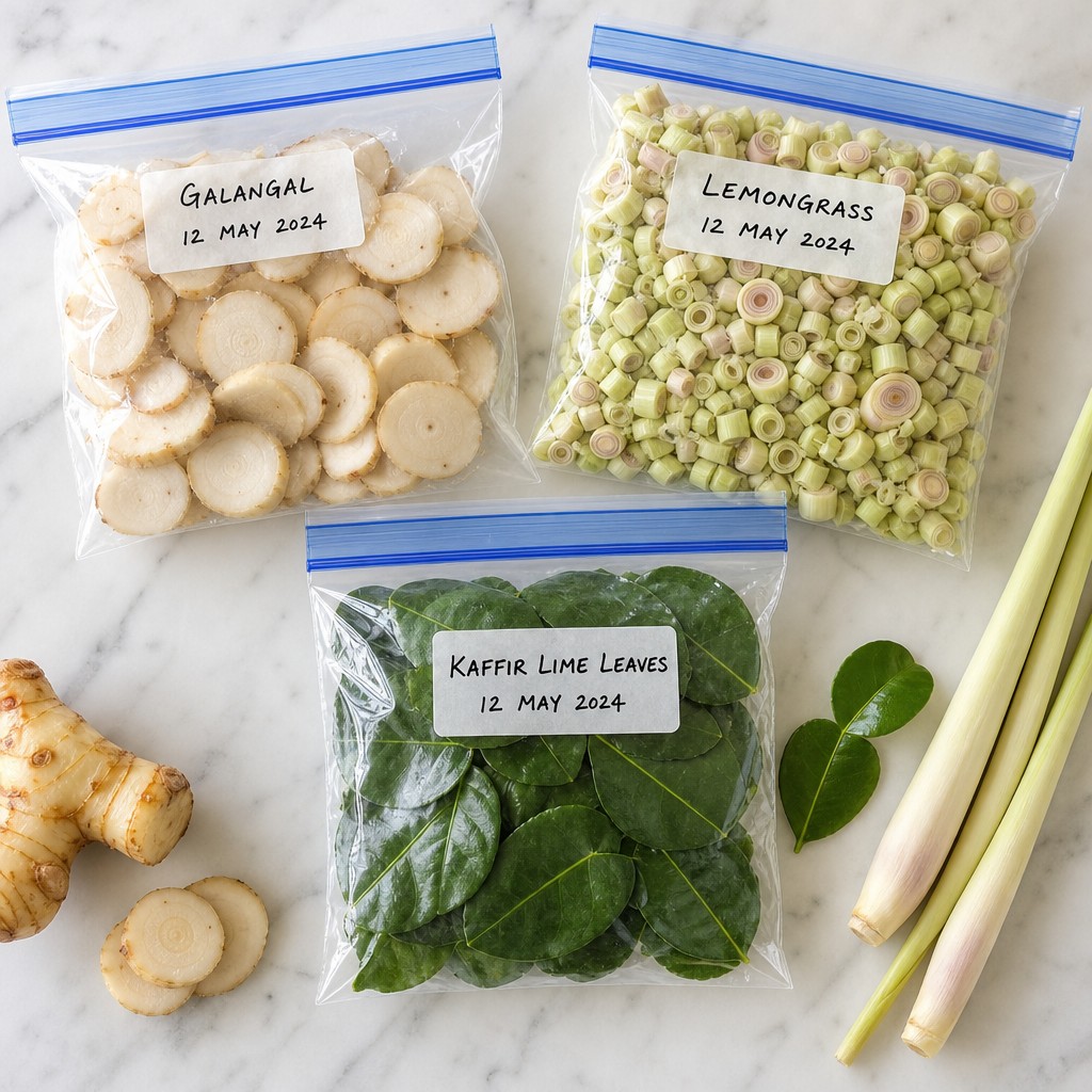 Three labelled, dated freezer bags of sliced galangal, chopped lemongrass and whole kaffir lime leaves