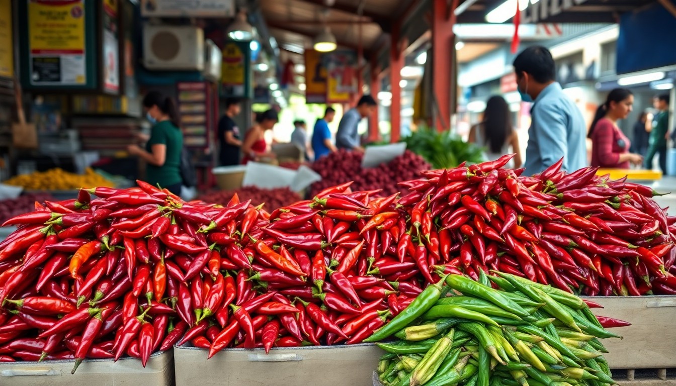 Piles of fresh red Thai bird's eye chillies at a bustling Bangkok market stall