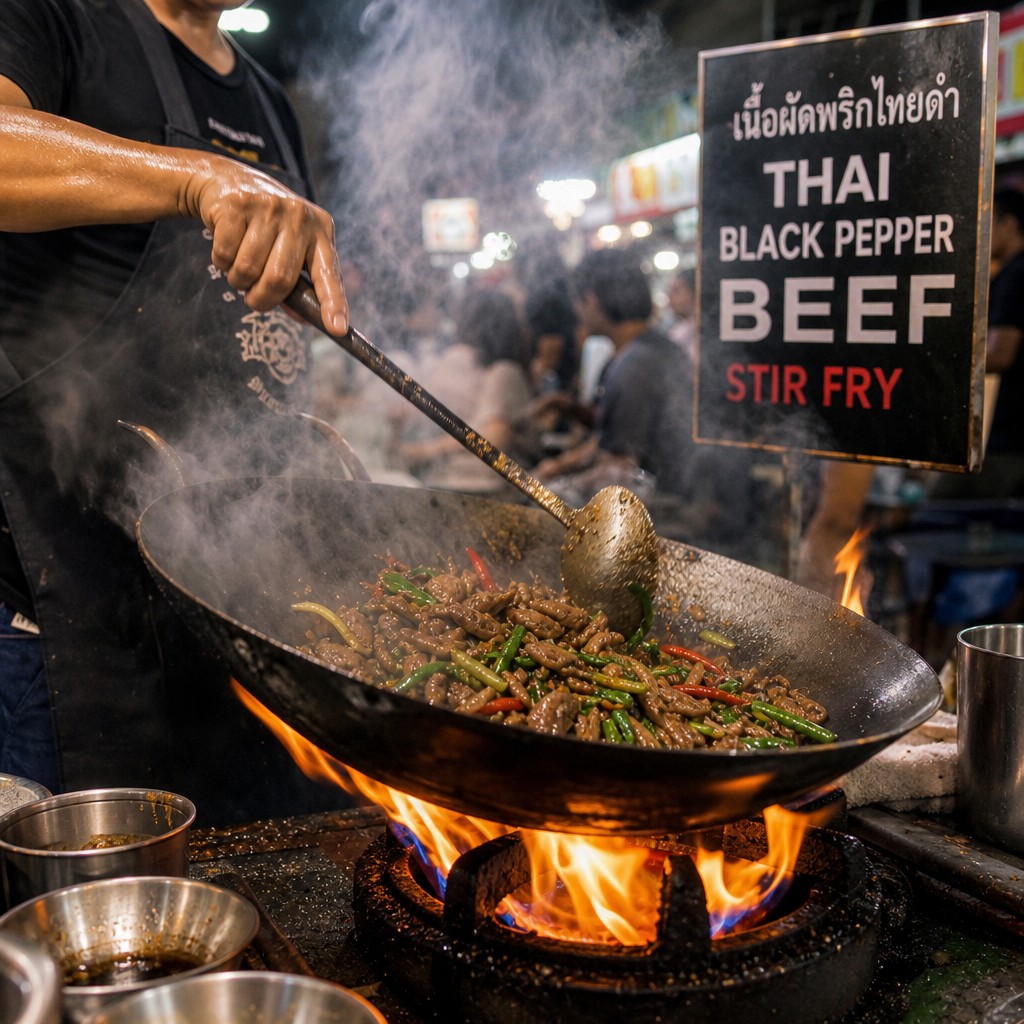 Thai black pepper beef stir fry being cooked in a wok over high flame at a Bangkok street food stall
