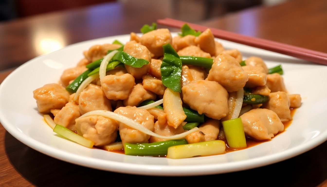 Finished Thai chicken ginger stir fry (Gai Pad King) with julienned ginger, chillies and spring onions in a glossy sauce