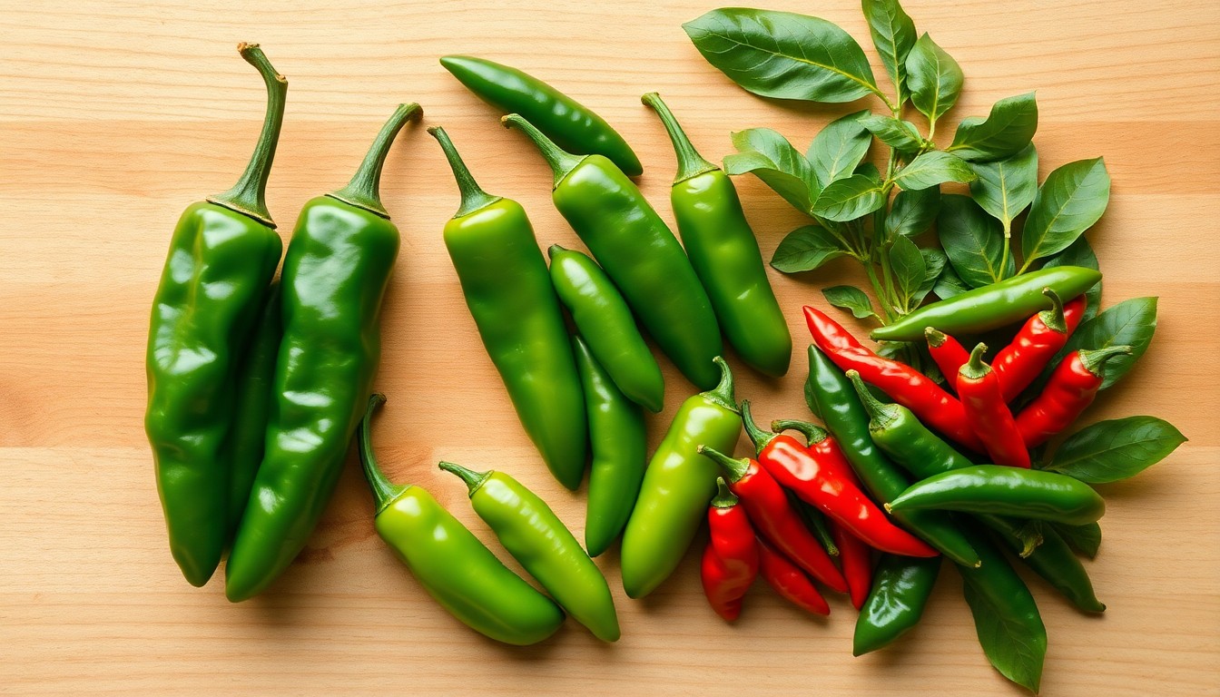 Serrano and jalapeño peppers next to small red Thai bird's eye chillies