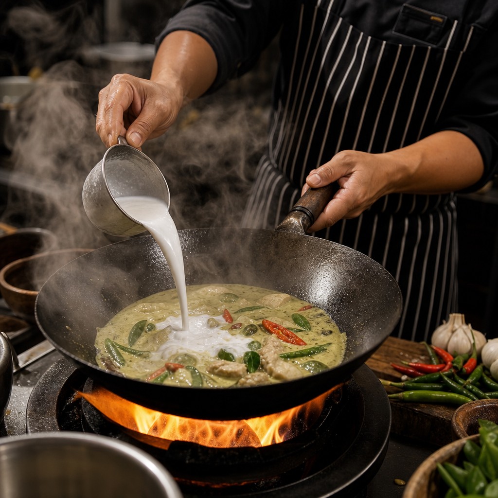 Thai chef pouring coconut milk into a green curry in a wok over a gas flame