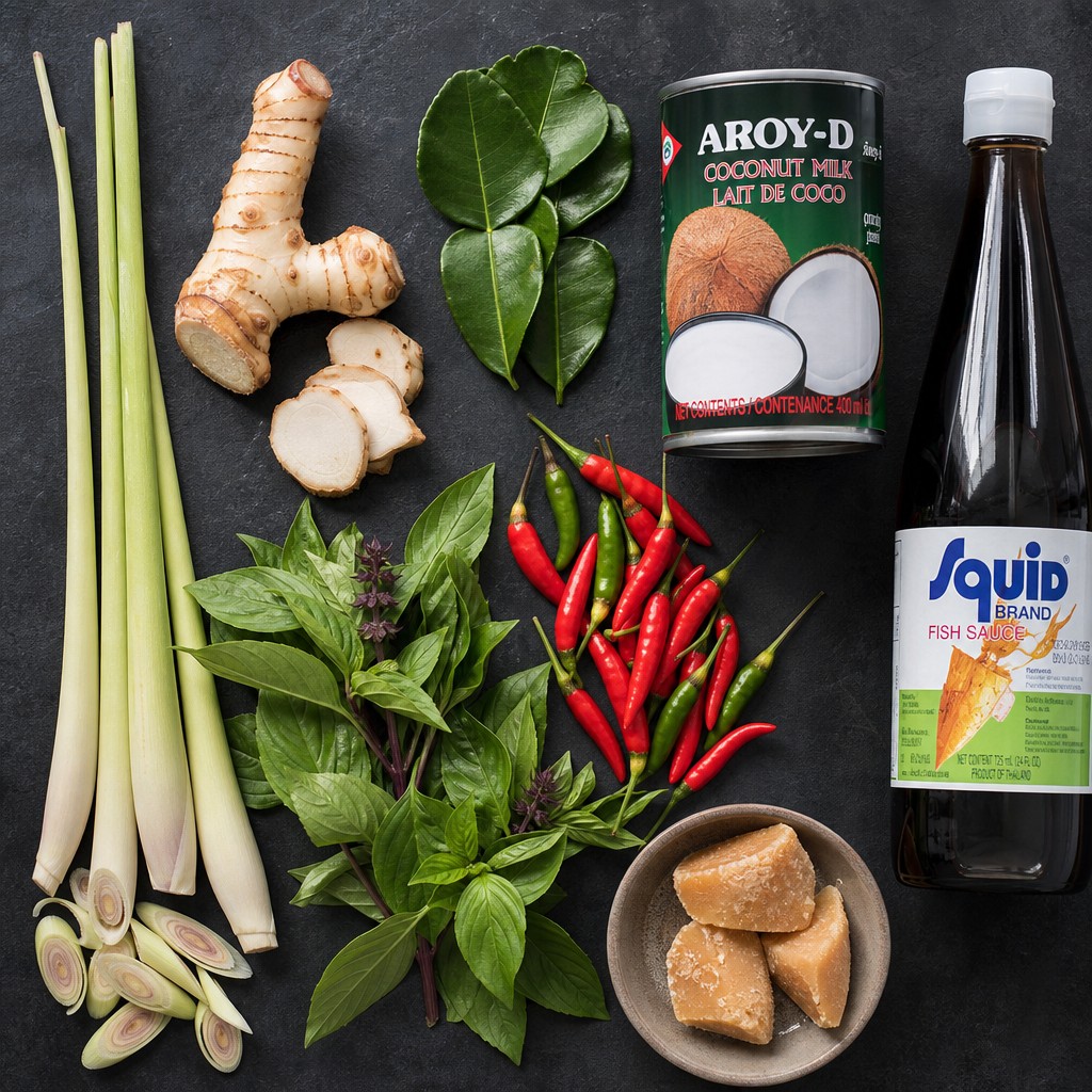 Thai food ingredients — lemongrass, galangal, kaffir lime leaves, chillies and coconut milk