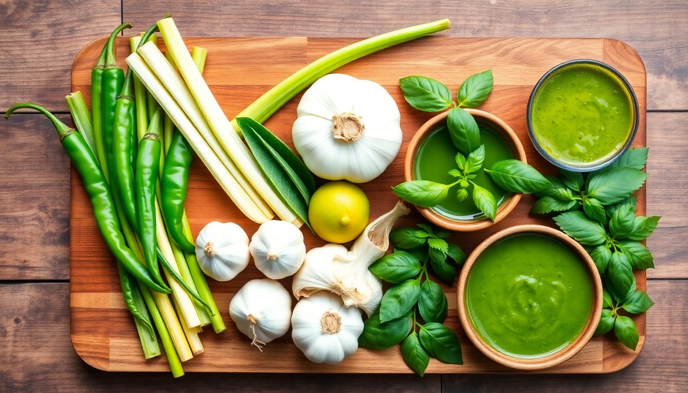 Fresh Thai green curry ingredients: green chillies, lemongrass, galangal, garlic, Thai basil and green curry paste