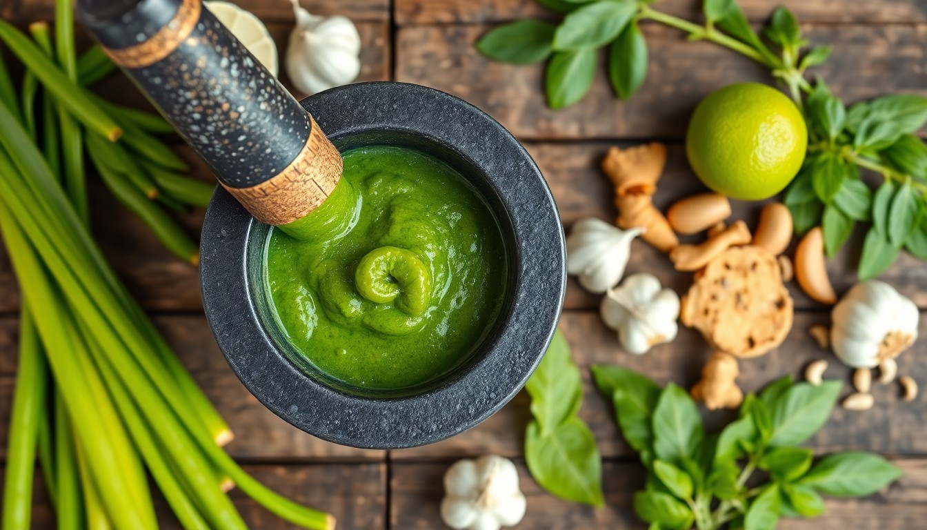 Authentic Thai green curry paste in a granite mortar surrounded by fresh ingredients — bird's eye chillies, lemongrass, galangal and kaffir lime