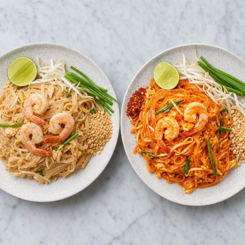 Two plates of pad thai side by side — a pale amber one on the left and a vibrant orange-red one on the right