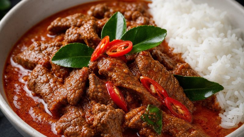 Rich beef Panang curry recipe with creamy coconut and peanuts