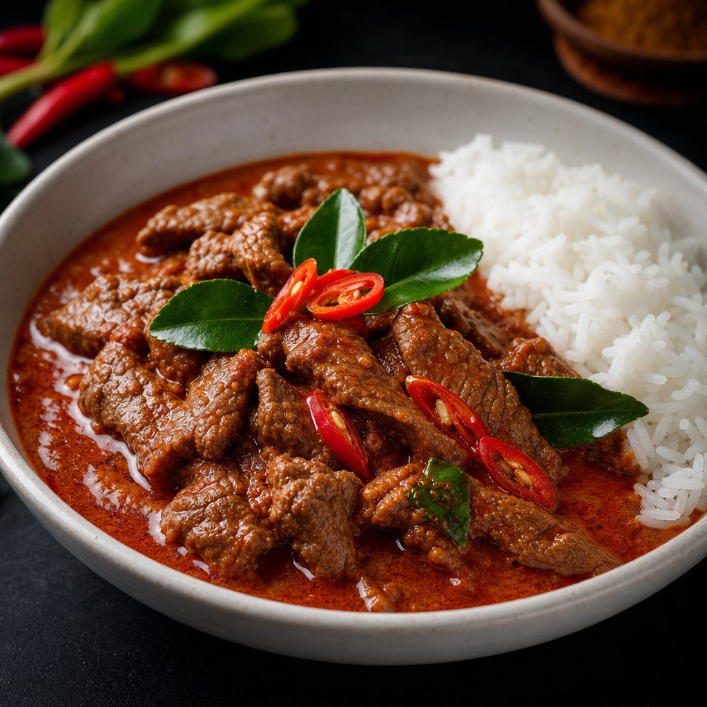 Beef Panang curry in a bowl with thick dark red sauce, kaffir lime leaves and red chilli