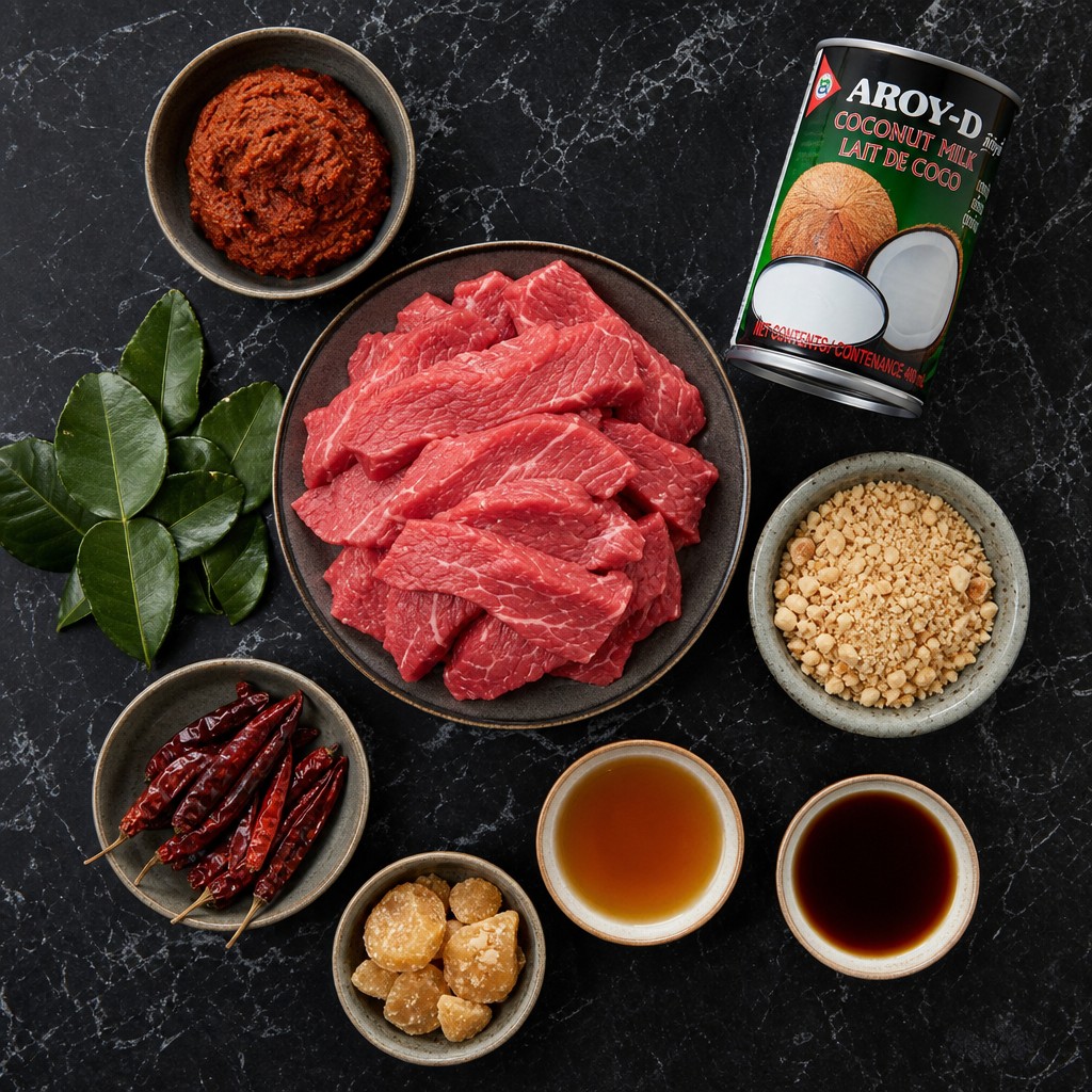 Panang curry ingredients: sirloin beef, curry paste, coconut milk, kaffir lime leaves and peanuts