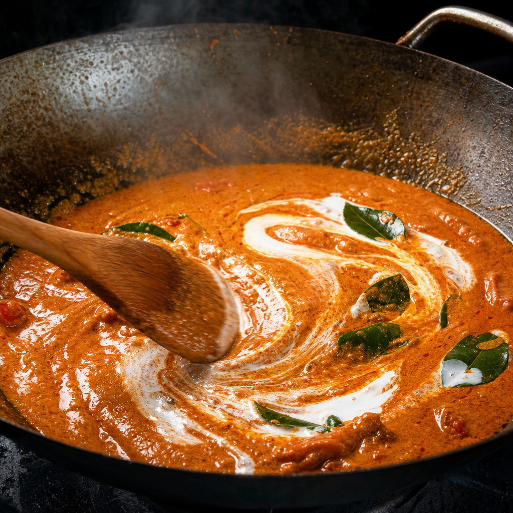 Thick Panang curry sauce being stirred in a wok — deep red, glossy and fragrant