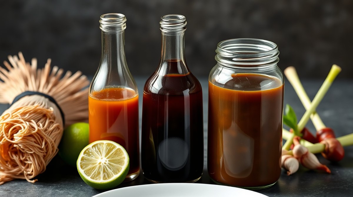Three unlabelled glass bottles of pale soy sauce, dark soy sauce and thick oyster sauce beside dry rice noodles, lime, lemongrass and chillies