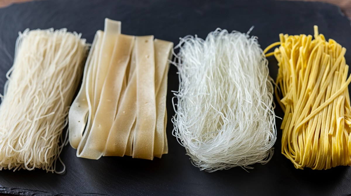 Four bundles of dry noodles in a row: thin rice noodles, wide rice noodles, fine mung-bean vermicelli and yellow egg noodles, showing which contain wheat