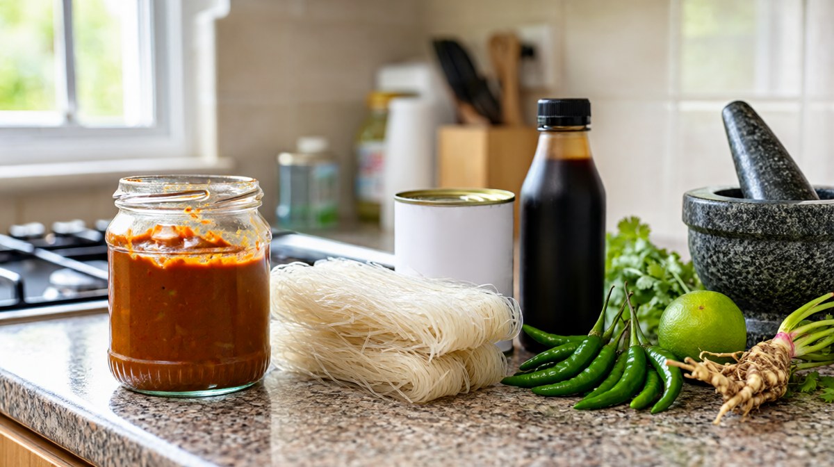Gluten-free Thai cooking ingredients on a kitchen counter: a plain jar of curry paste, rice vermicelli, a tamari bottle, a coconut milk can, chillies, lime and a granite mortar