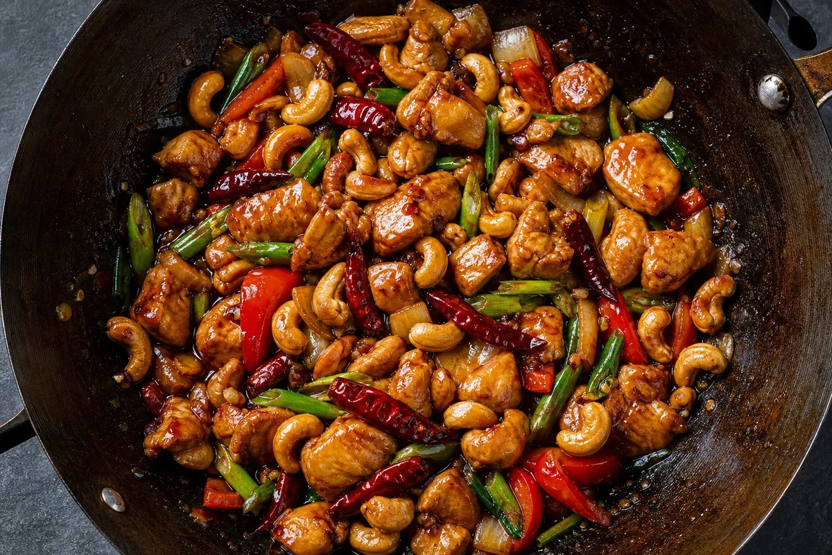 Overhead view of chicken and cashew nut stir fry with dried chillies, peppers and spring onions
