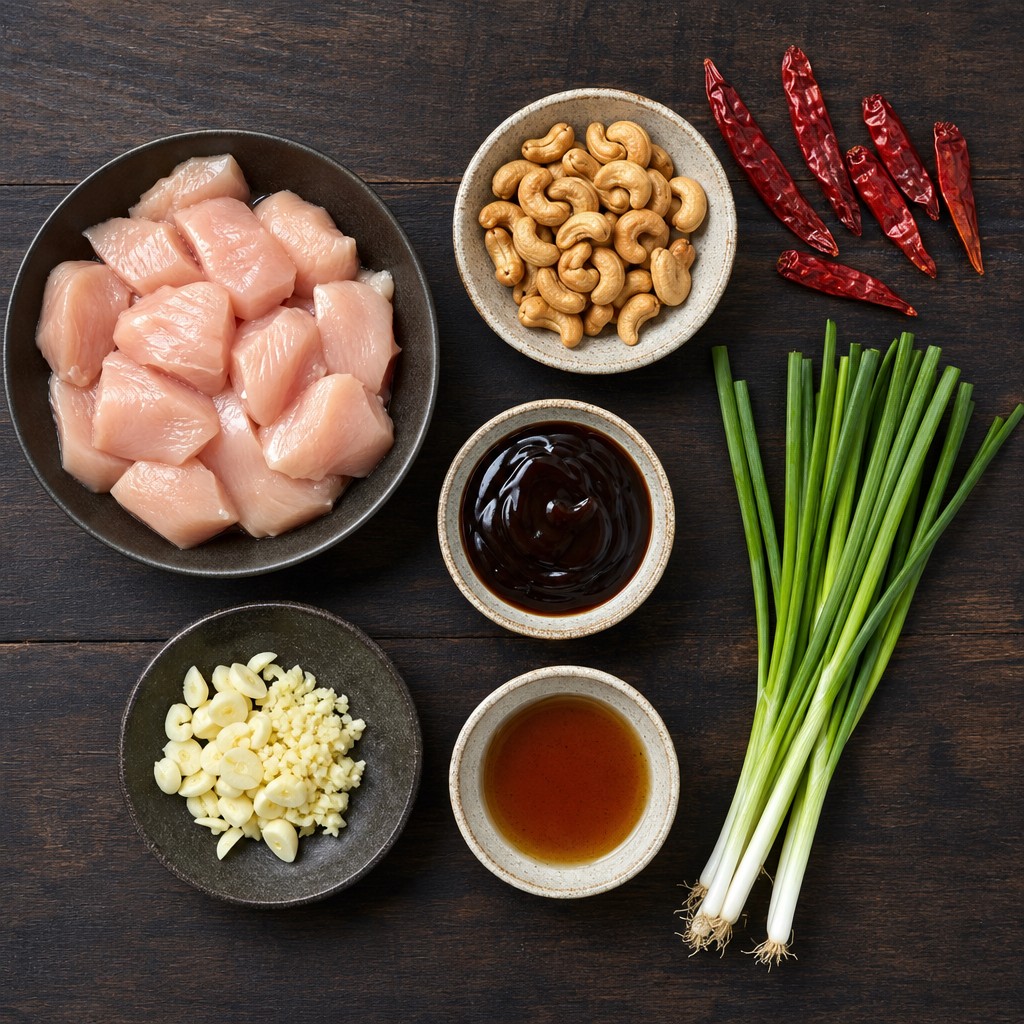 Chicken cashew stir fry ingredients: chicken, roasted cashews, dried chillies, oyster sauce and garlic