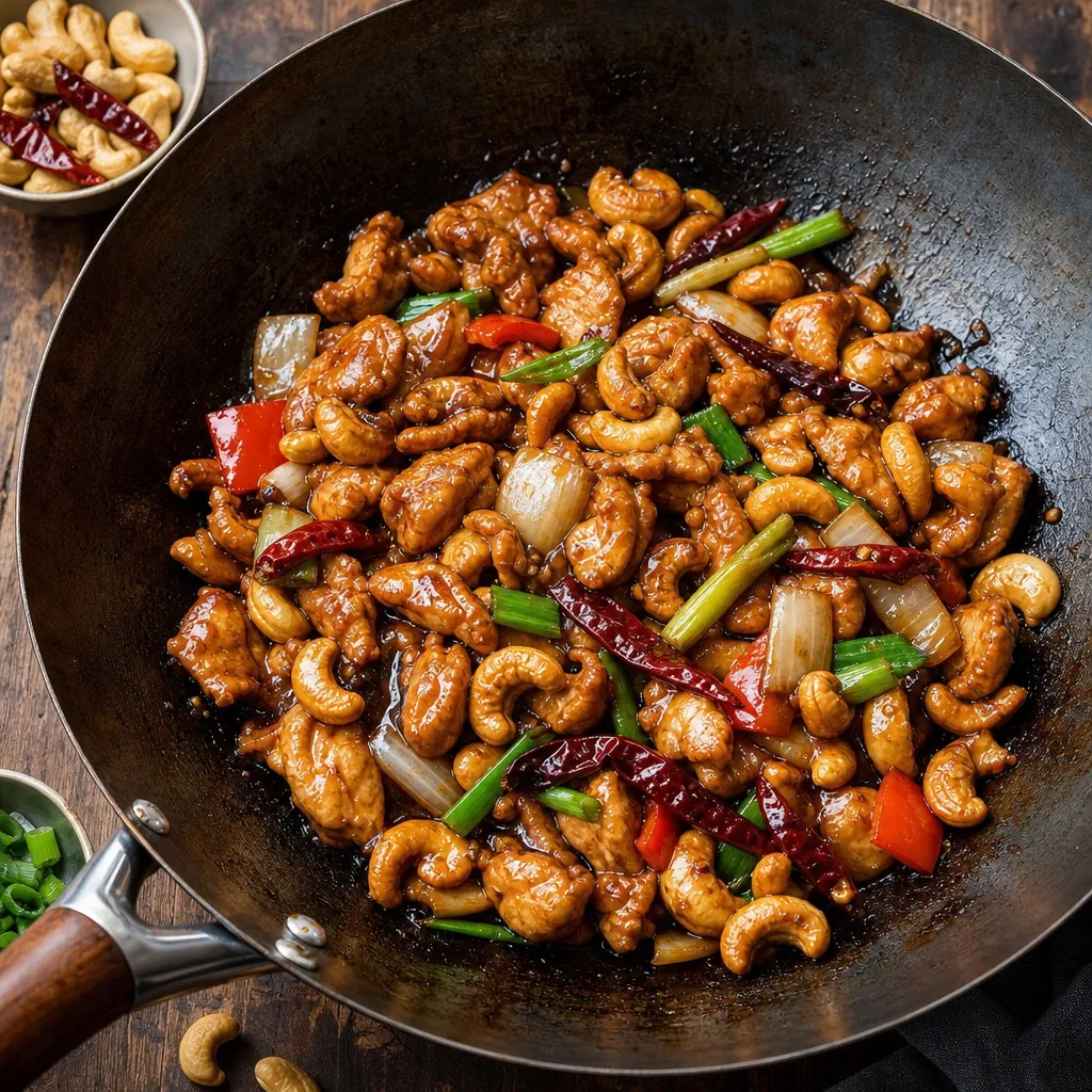 Thai chicken and cashew nut stir fry in a wok with dried chillies, onion and spring onions