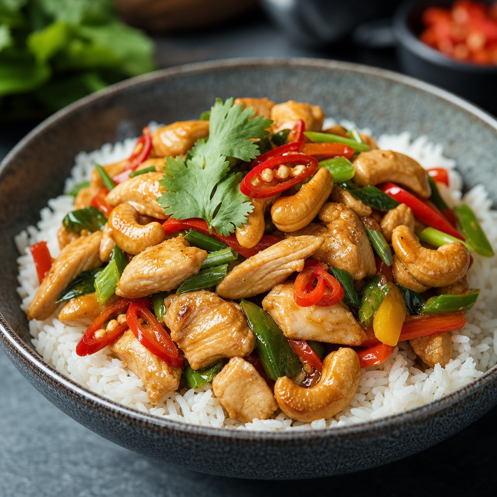 Thai chicken and cashew nut stir fry served over jasmine rice