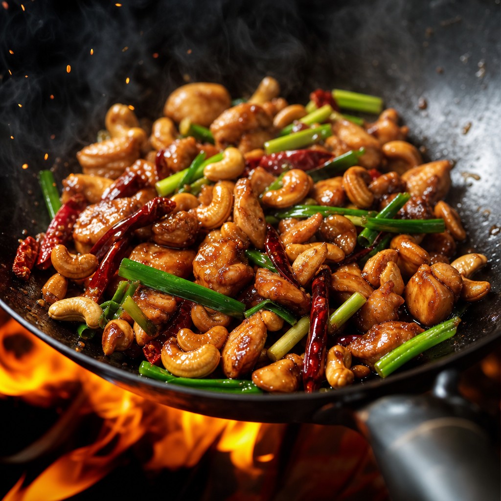 Thai chicken and cashew nut stir fry with golden cashews, dried chillies and glossy sauce