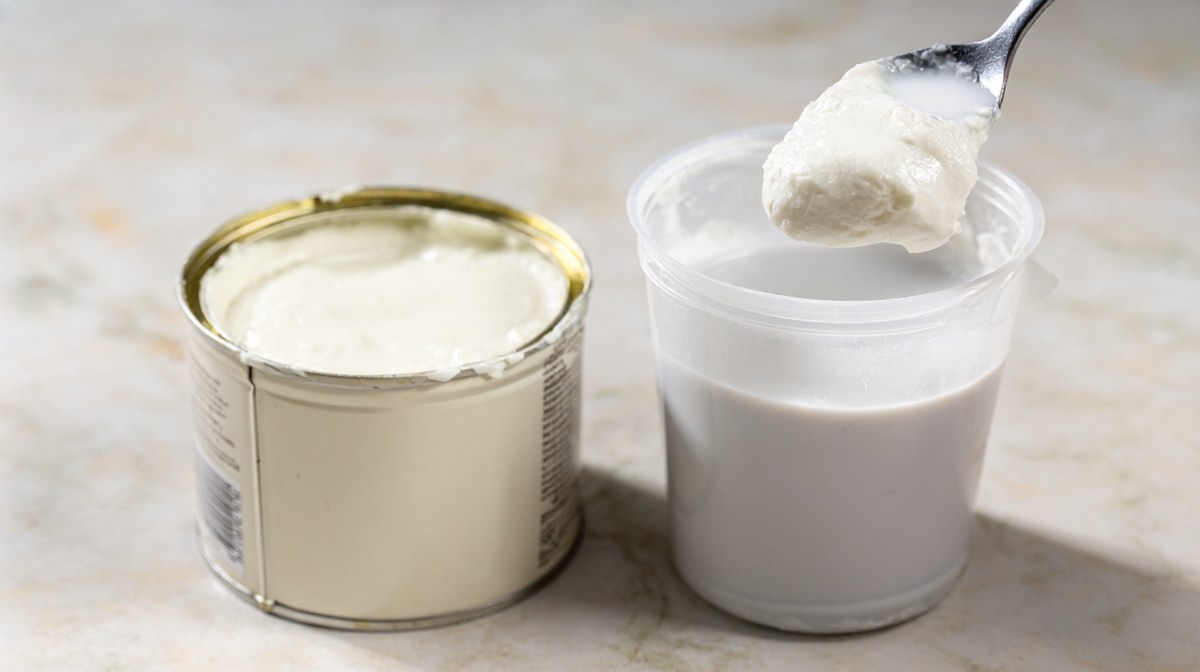 A tin of thin coconut milk beside a carton of thick coconut cream with a spoon lifting a heavy dollop