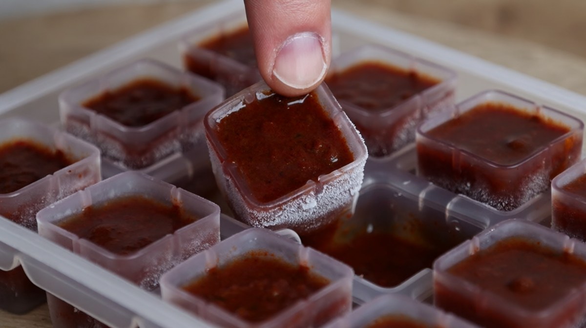 A silicone ice cube tray of frozen dark red curry paste cubes with one being pushed out