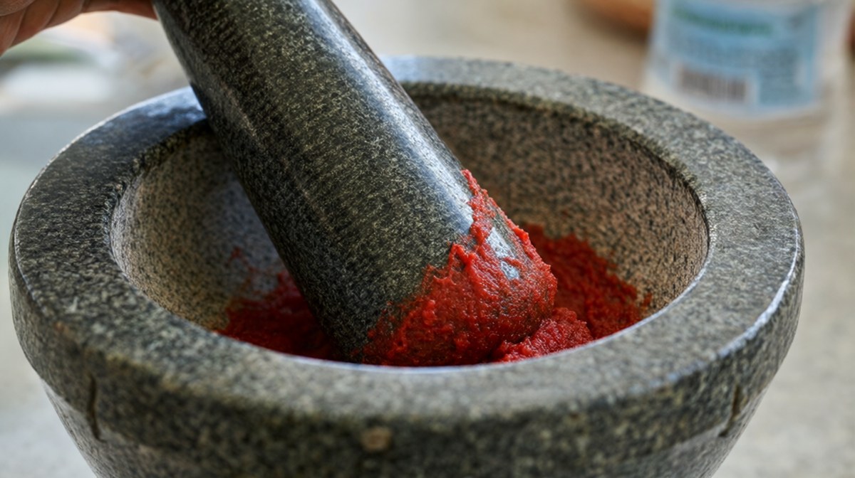 A pestle held at an angle leaning into the curved side of a granite mortar, working red paste