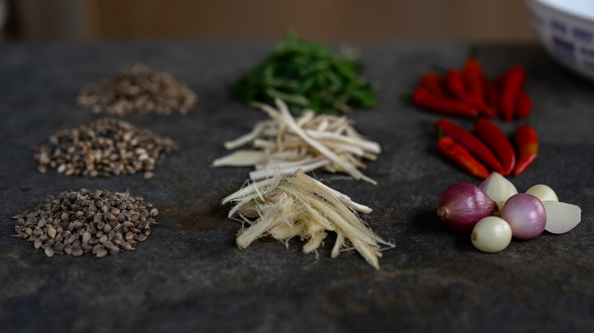Small piles of paste ingredients in working order on a dark stone surface, from dry seeds to soft herbs