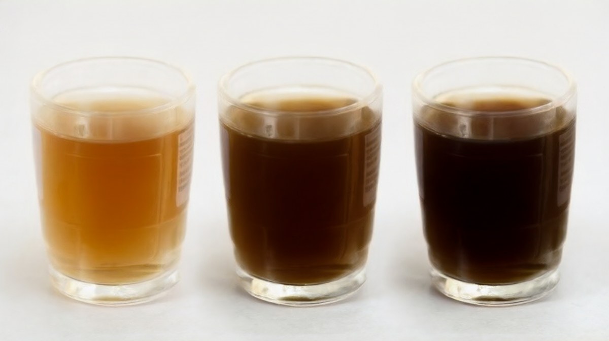 Three glasses of fish sauce in a row, the colour deepening from pale amber through to dark brown