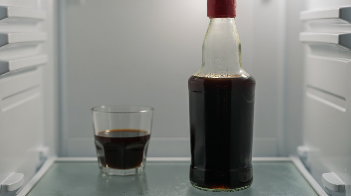 A plain bottle of dark fish sauce and a small glass of it on a fridge shelf under cool interior light