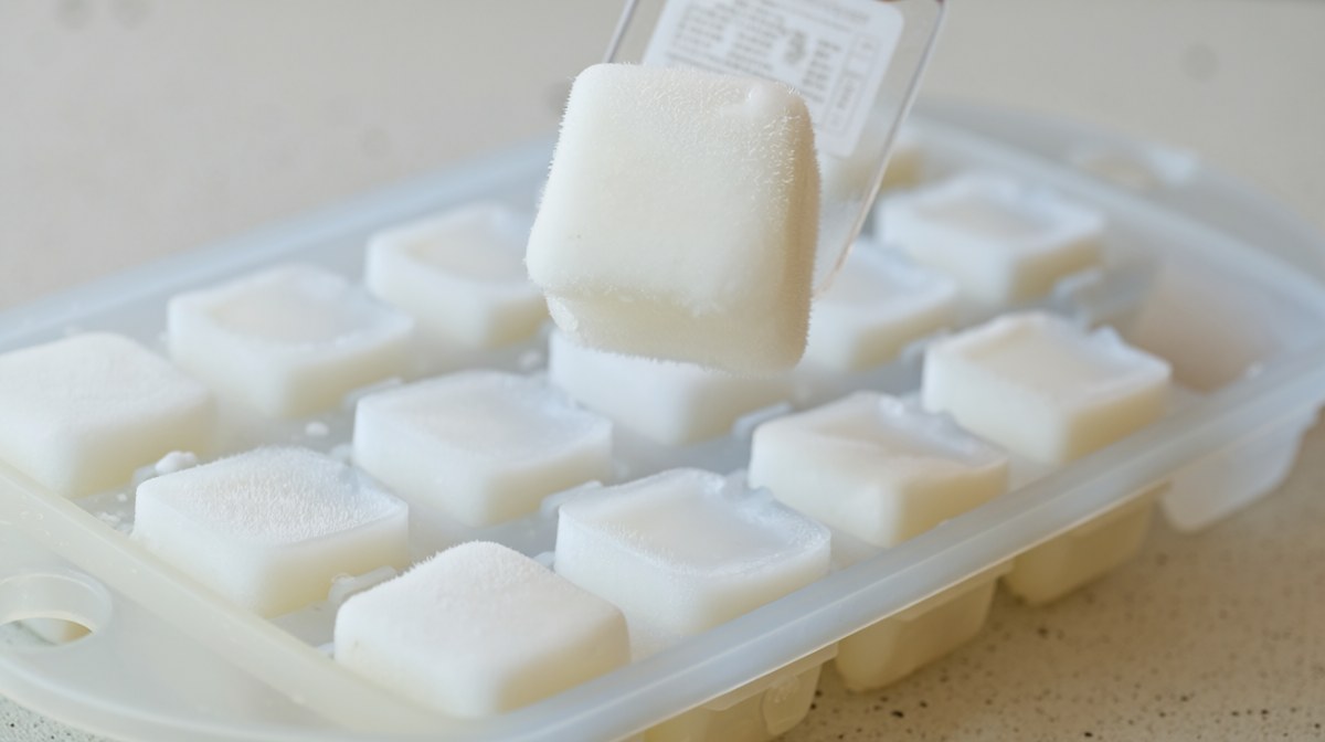 An ice cube tray of frozen coconut milk cubes with one cube lifted out above the tray