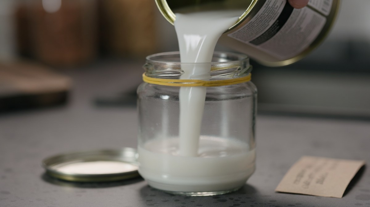 Coconut milk being poured from a plain tin into a clear glass jar, a rubber band and paper label beside it