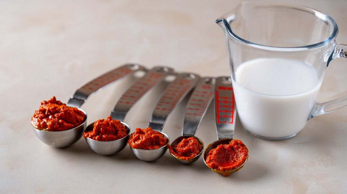 A row of measuring spoons of red curry paste from one to four tablespoons beside a jug of coconut milk