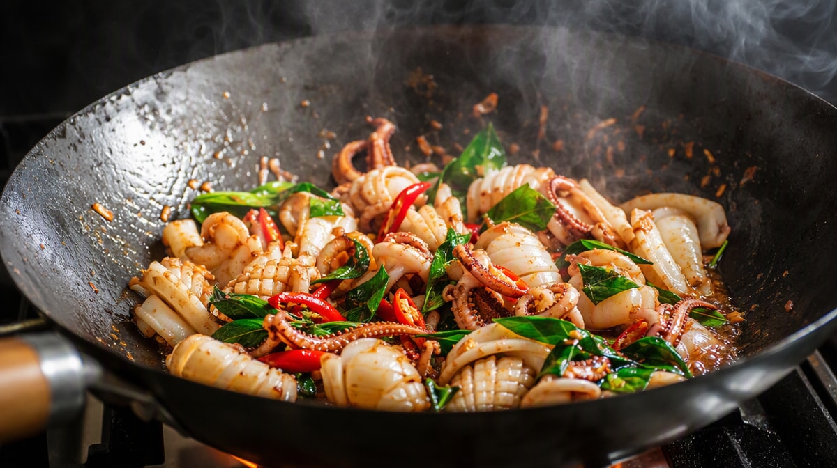 Crisp stir-fried squid with Thai basil and red chilli in a smoking wok, the squid curled and opaque white