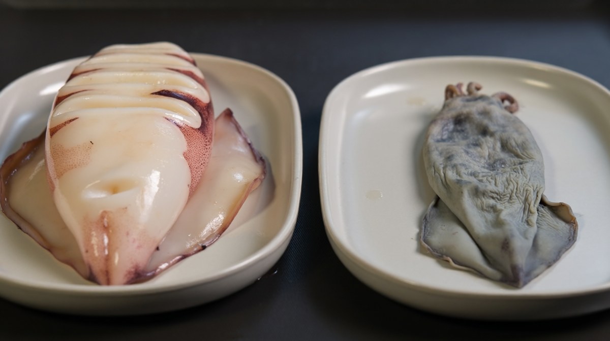 Two plates of cooked squid side by side, one plump and glossy, one shrunken and grey