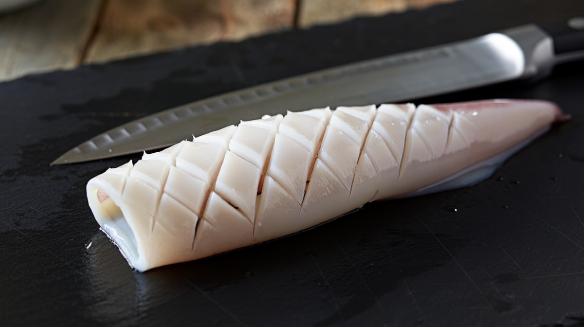 A whole cleaned squid tube on a dark board scored in a shallow diamond lattice, the knife beside it