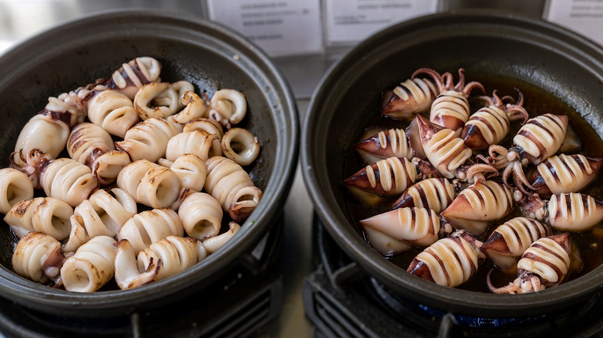 Two pans side by side, one of quickly seared curled squid and one of squid simmered soft in sauce